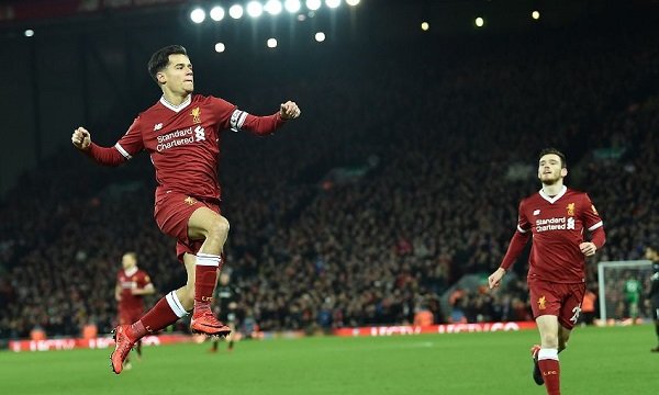 Coutinho celebrating Liverpool goal